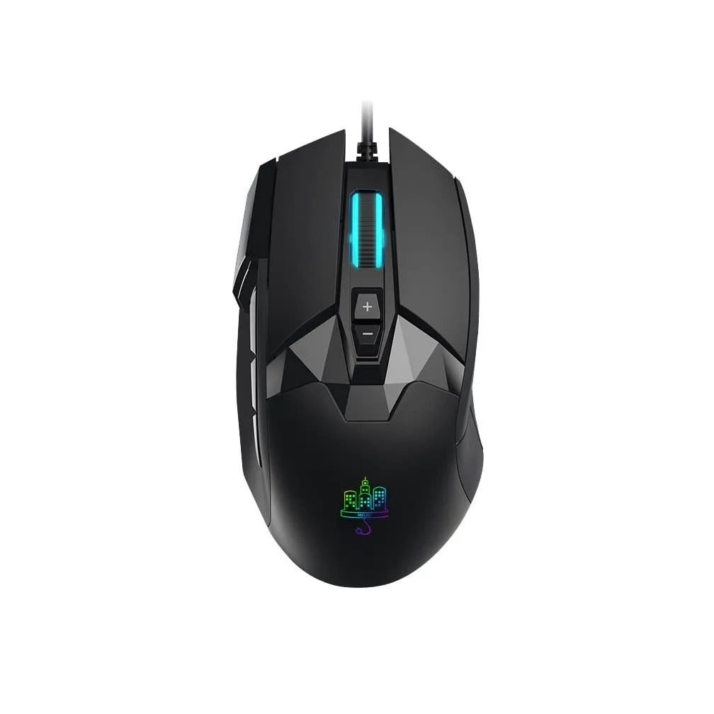Black right-handed ergonomic gaming mouse with 16 buttons and braided cable