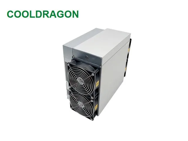 Rectangular silver metal mining unit with four front fans and built-in power supply