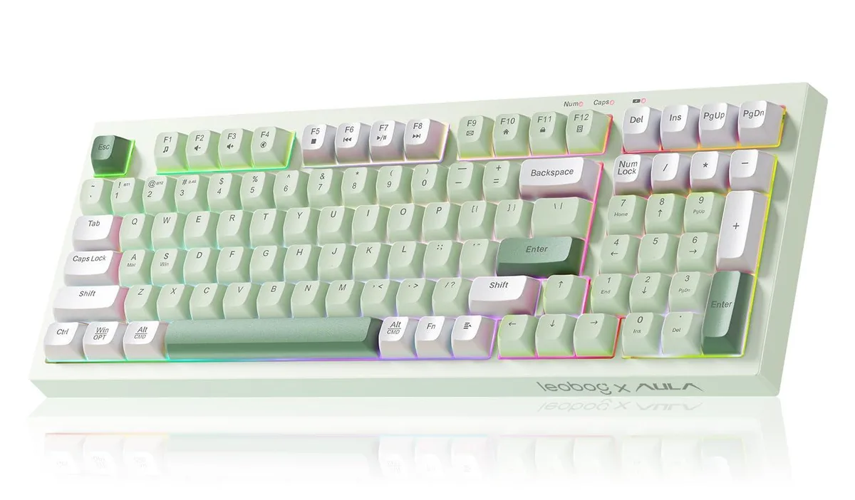 Compact green 98-key wireless keyboard with RGB backlighting and creamy silent switches