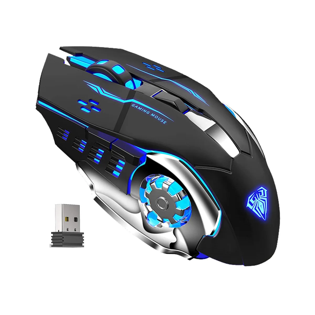 Black right-handed wireless gaming mouse with 16 buttons and LED backlighting