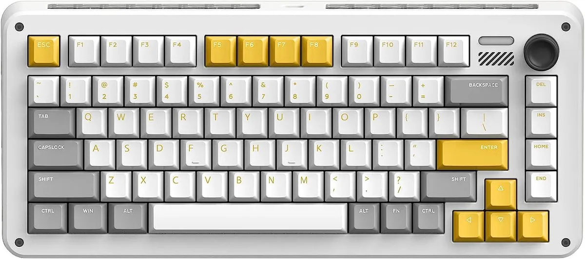 Compact 75 percent mechanical keyboard with volume knob and magnetic feet in Gravity Wave finish