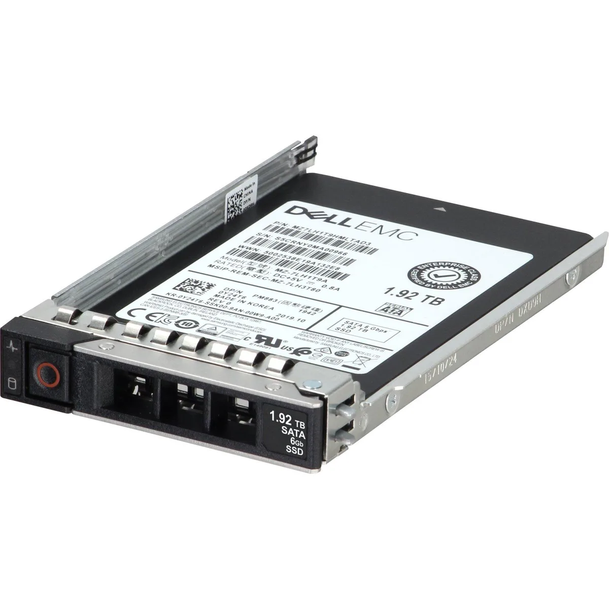 Silver 2.5 inch SATA SSD with green circuit board and Dell label