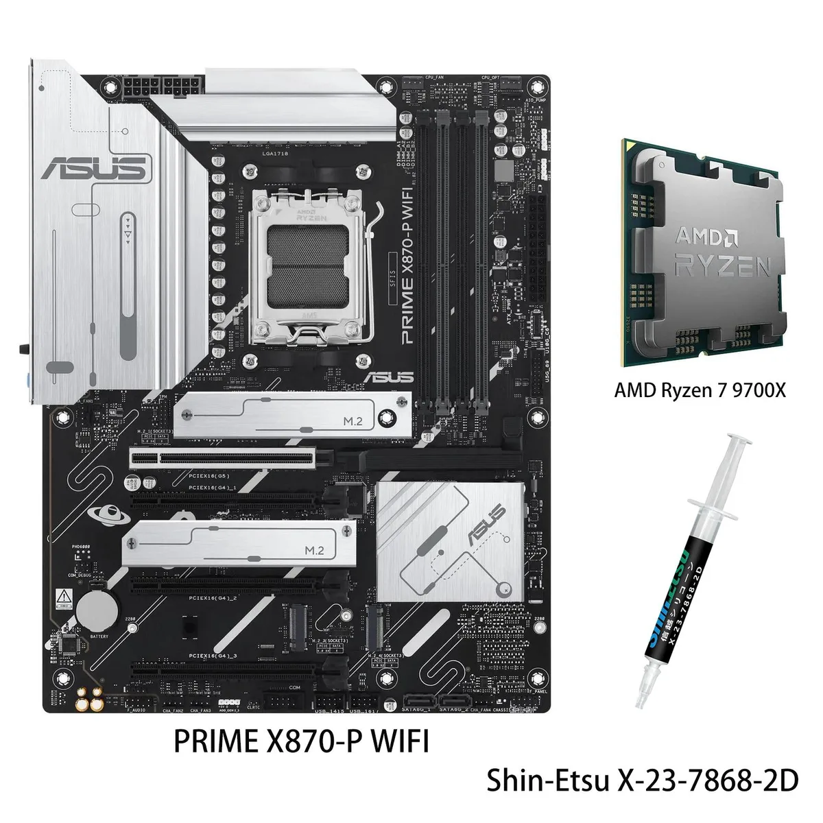 ATX motherboard with large VRM heatsink, dual M.2 heatsinks, pre-mounted I/O shield, Q-Antenna, AMD Ryzen 7 9700X CPU in socket