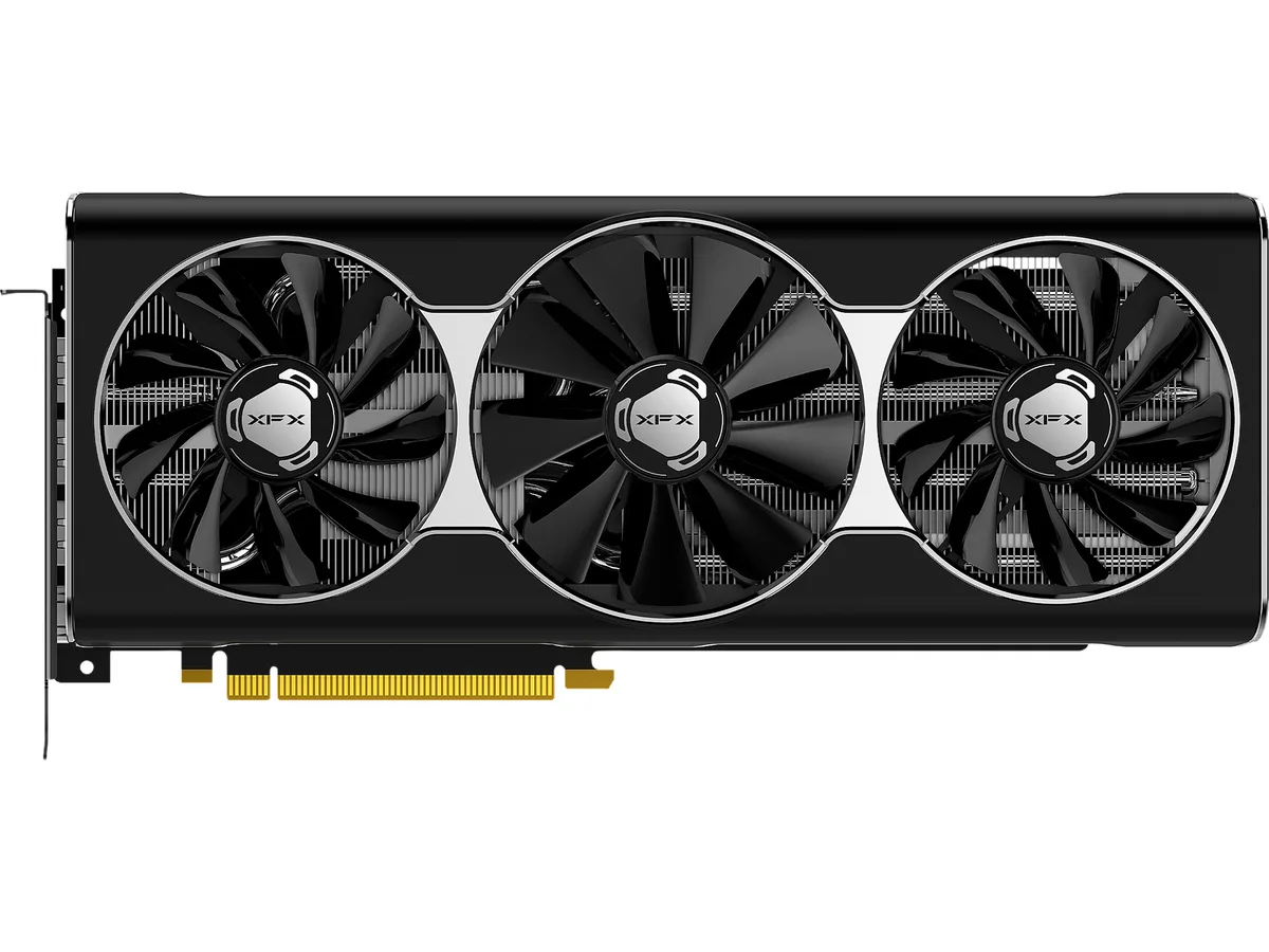 Black triple-fan graphics card with metal backplate