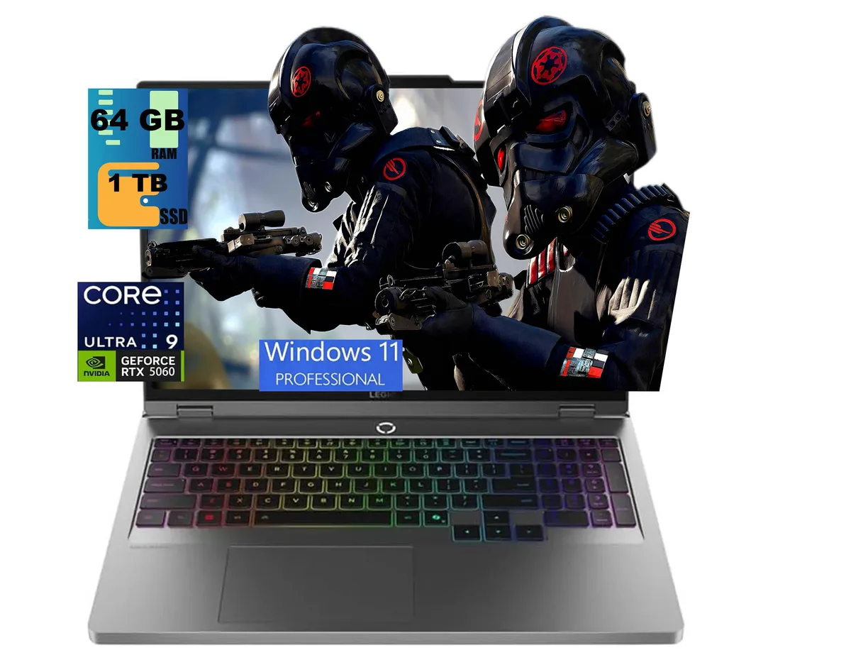Black 16-inch gaming laptop with matte finish and RGB keyboard