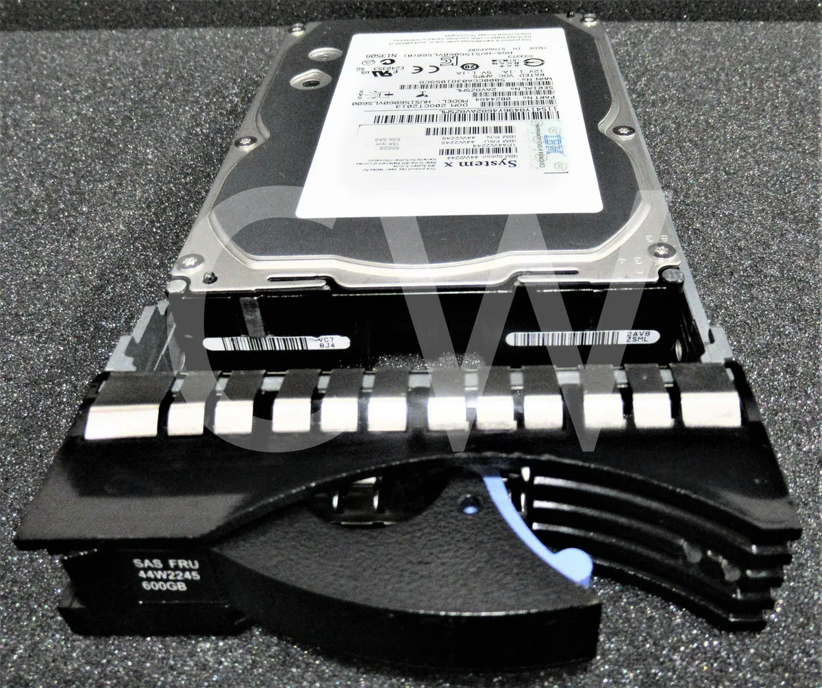 Silver 3.5 inch SAS hard drive mounted in black IBM System X caddy tray