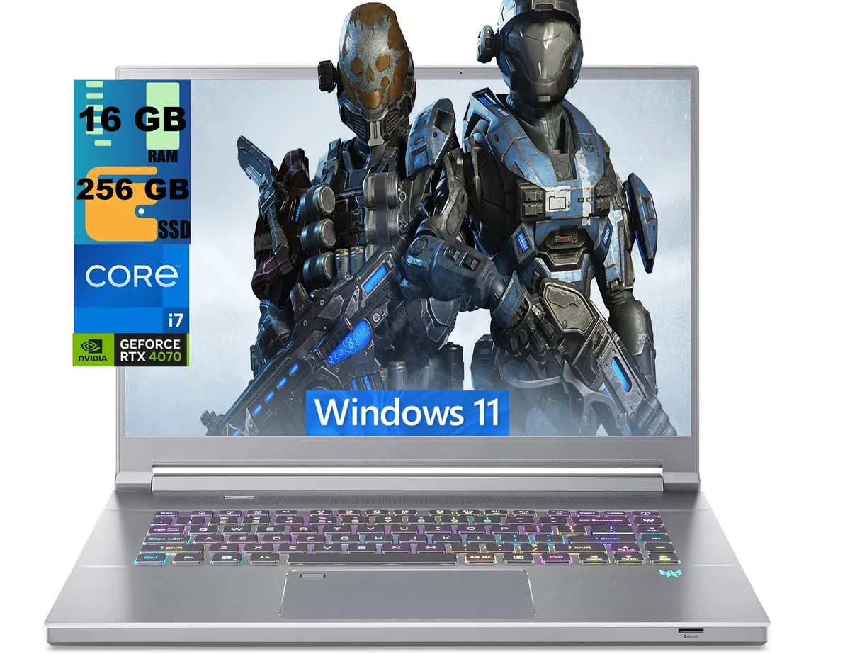 Silver gaming laptop, thin bezel 16 inch display, per key RGB keyboard