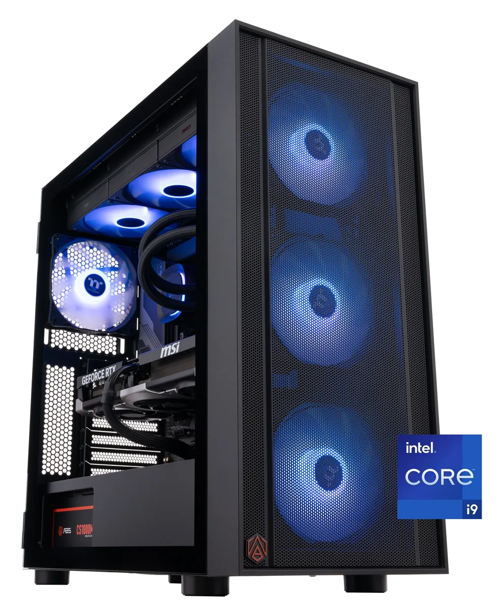 Black mid-tower gaming desktop with RGB liquid cooling visible through side panel