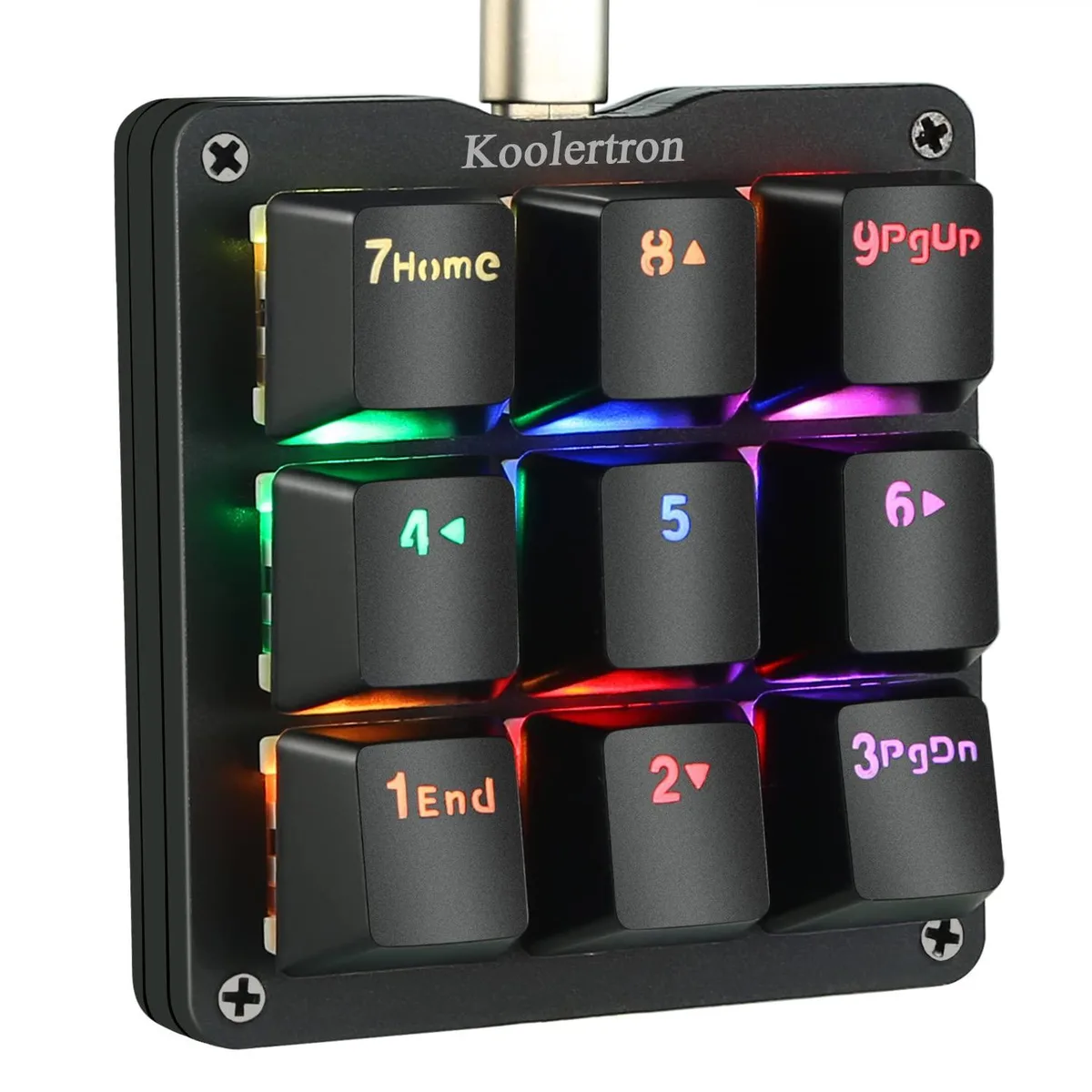 Compact black one-handed mechanical keypad with nine blue-switch keys and RGB backlighting
