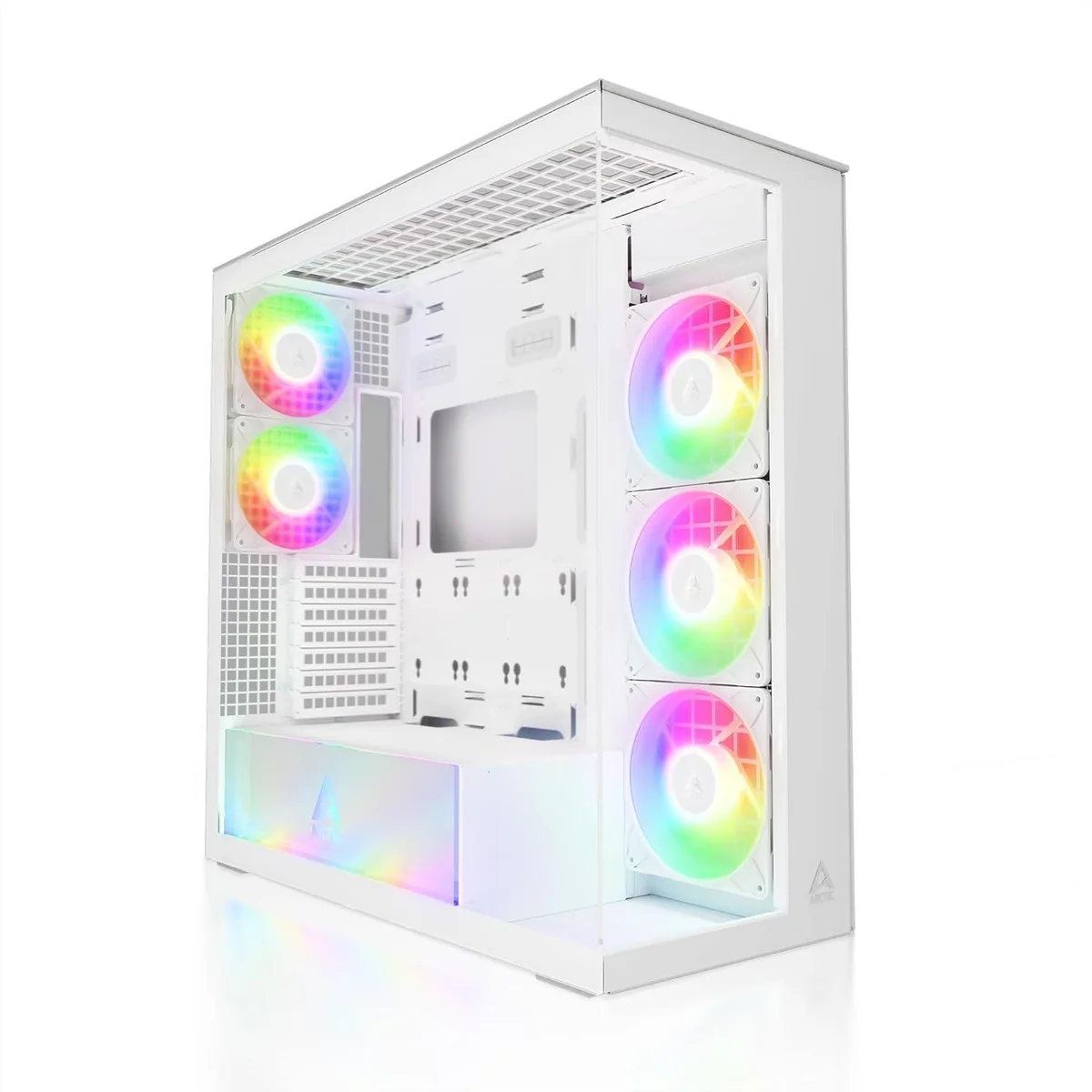 White mid-tower case with tempered glass side panel and five A-RGB fans visible