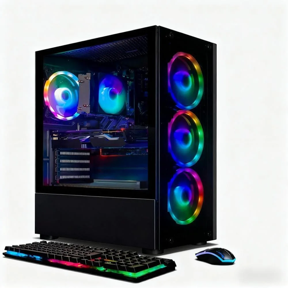 Mid-tower gaming desktop with six RGB fans visible through side panel