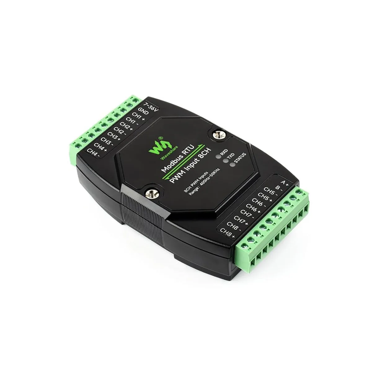 Green DIN-rail module with eight terminal blocks and three indicator LEDs
