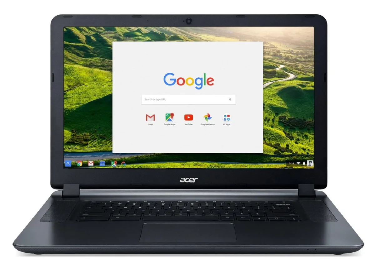 Silver 15.6 inch Chromebook laptop closed on a flat surface