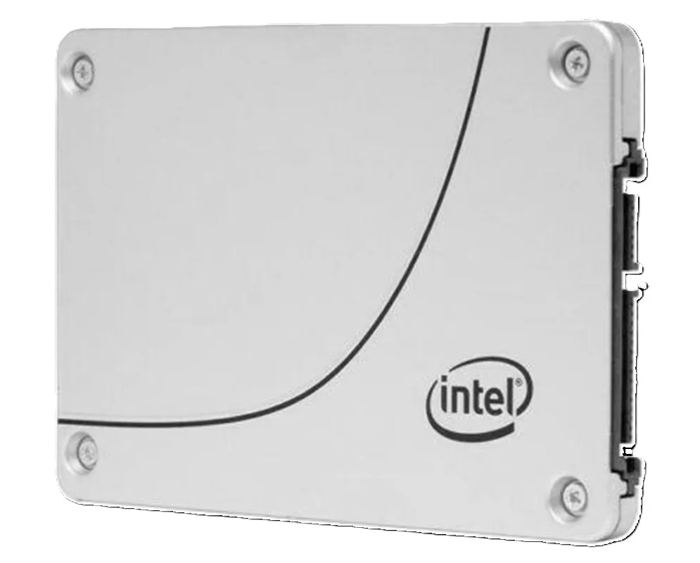 A silver 2.5 inch SATA solid state drive with a metal casing and label showing 3.84 TB capacity