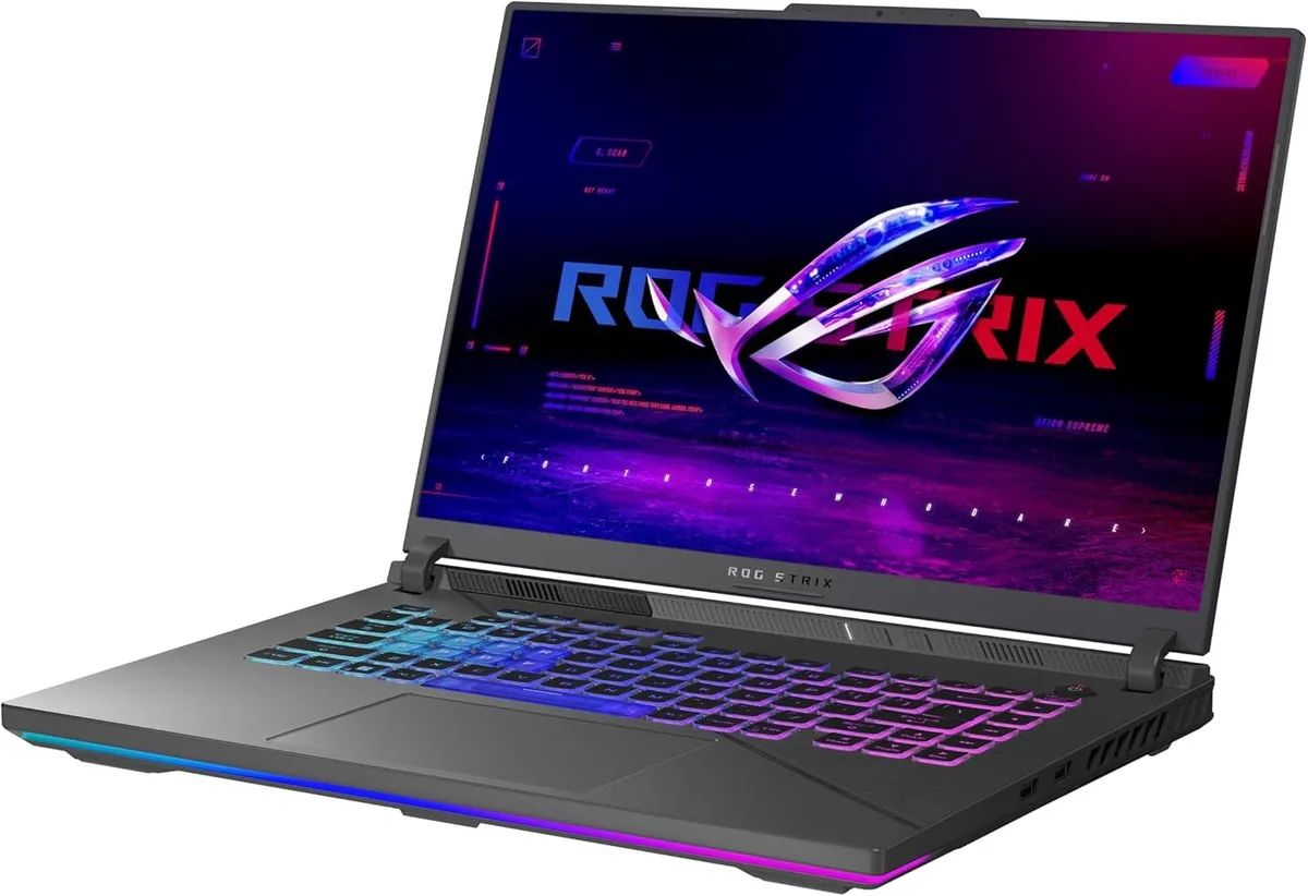 Grey gaming laptop, 16 inch screen, slim profile, per key RGB backlit keyboard