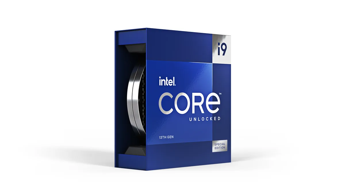 Square metallic processor with gold contact pads and green substrate, LGA 1700 form factor
