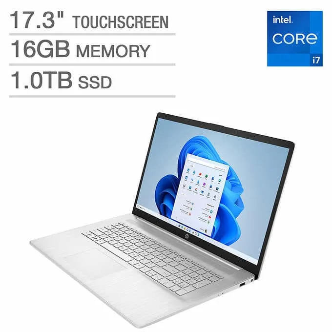 Silver 17.3 inch touchscreen laptop with backlit keyboard and numeric keypad