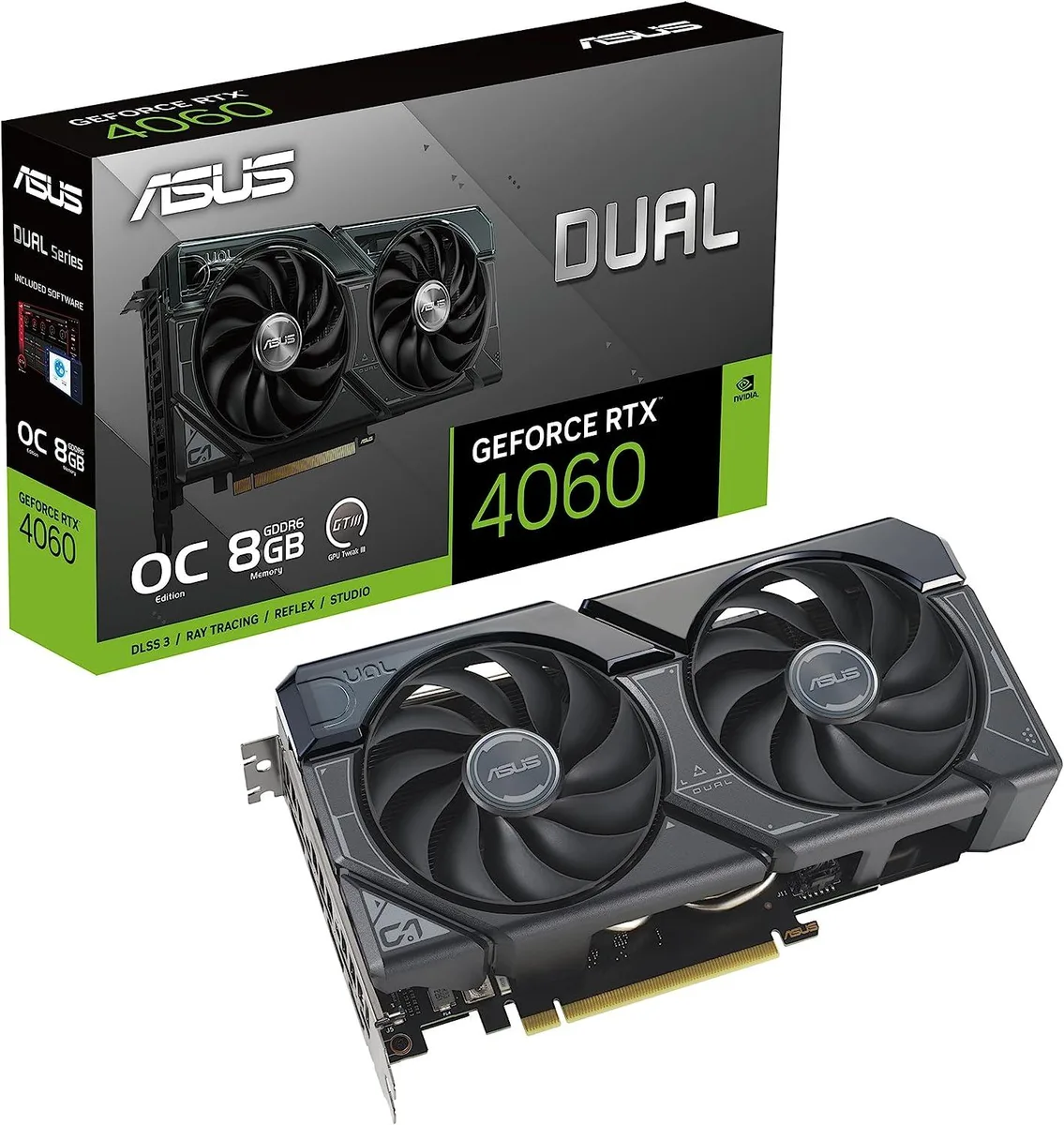 ASUS Dual GeForce RTX 4060 OC Edition graphics card, 2.5-slot design with dual axial fans