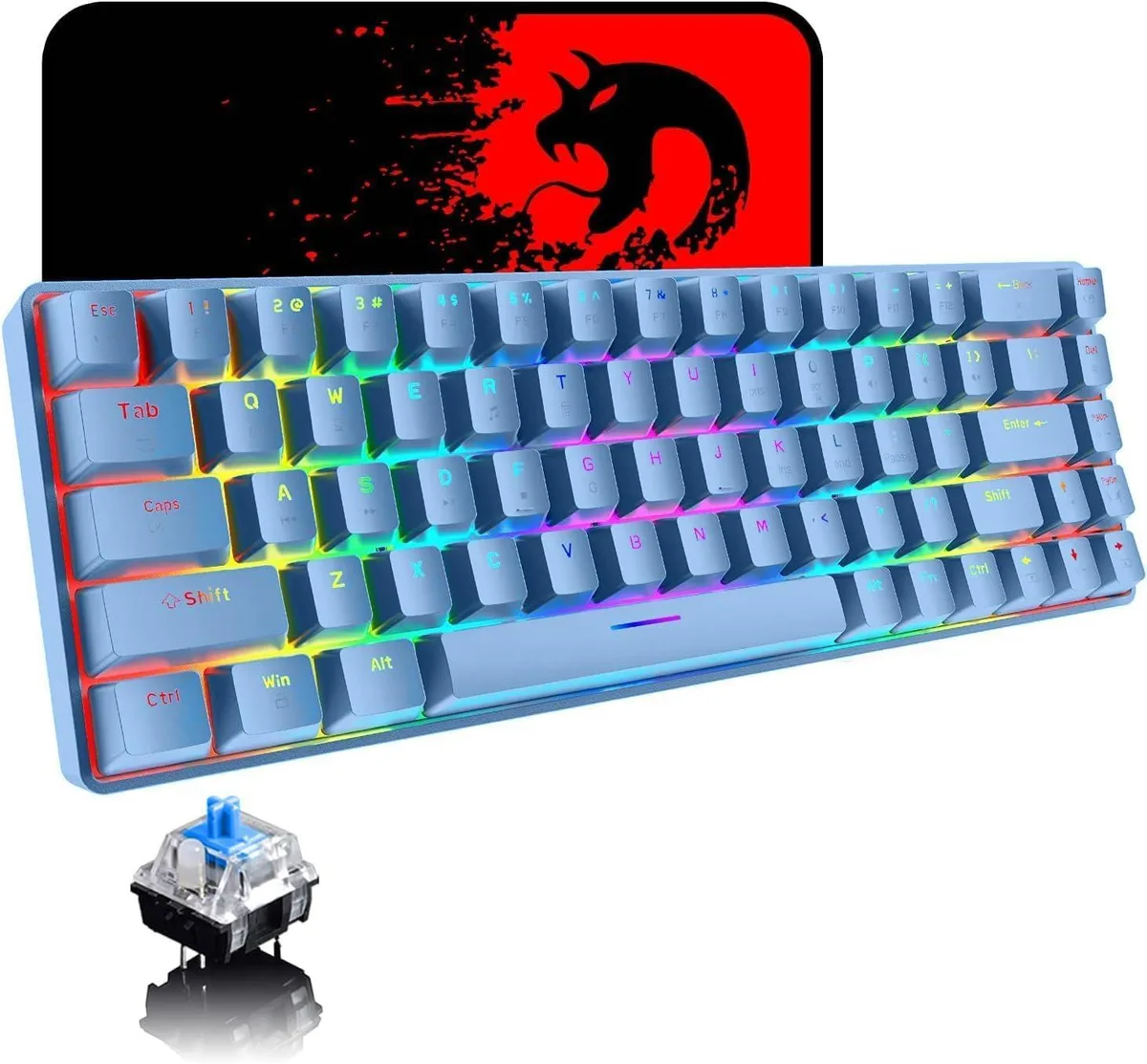 Compact 65% mechanical keyboard with blue switches, RGB backlight, matching lightweight optical mouse, coiled cable visible