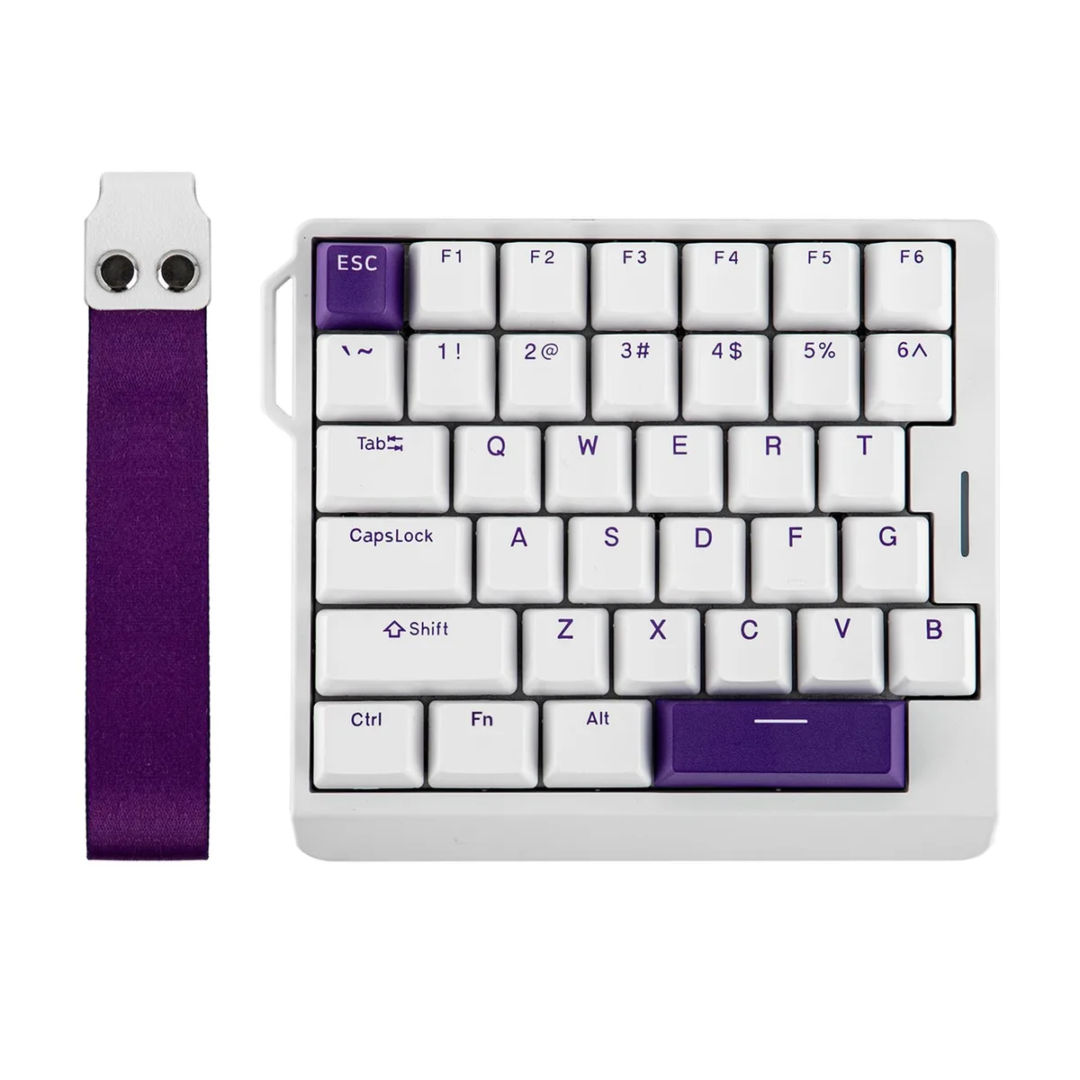 White and purple compact one-handed keyboard with wrist strap, 6.02 by 5.24 by 1.14 inches