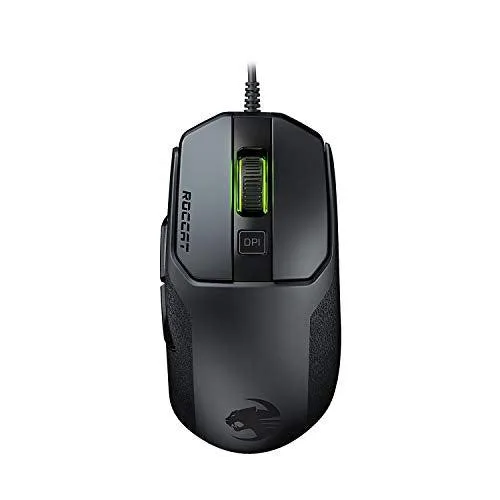Black ergonomic gaming mouse with textured rubber side grips and RGB lighting