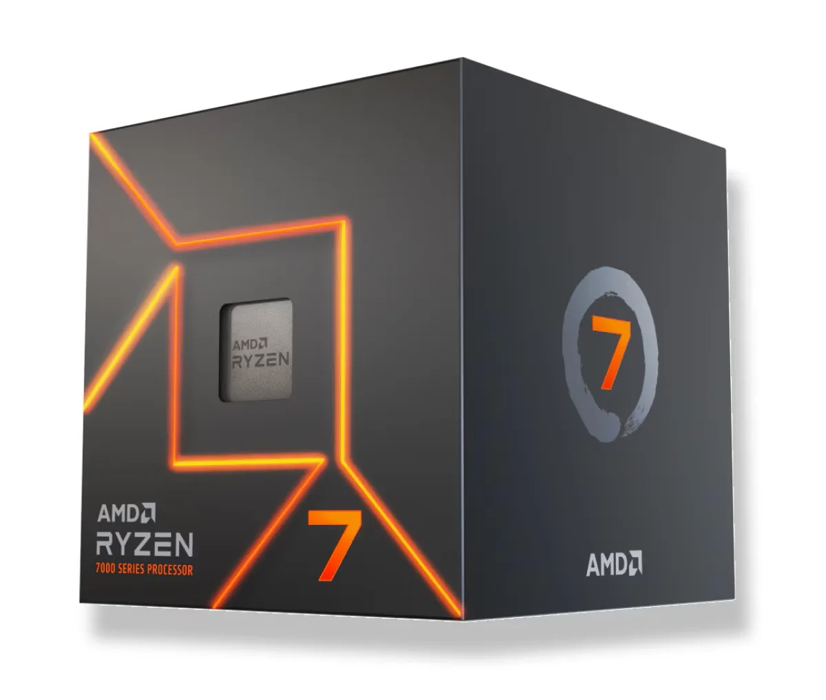 Square green ceramic chip with gold contact pads and silver heat spreader labelled Ryzen 7 7700