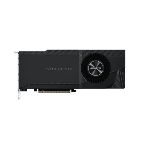 Gigabyte RTX 3090 Turbo 24GB GDDR6X blower graphics card with black metal shroud and indented intake