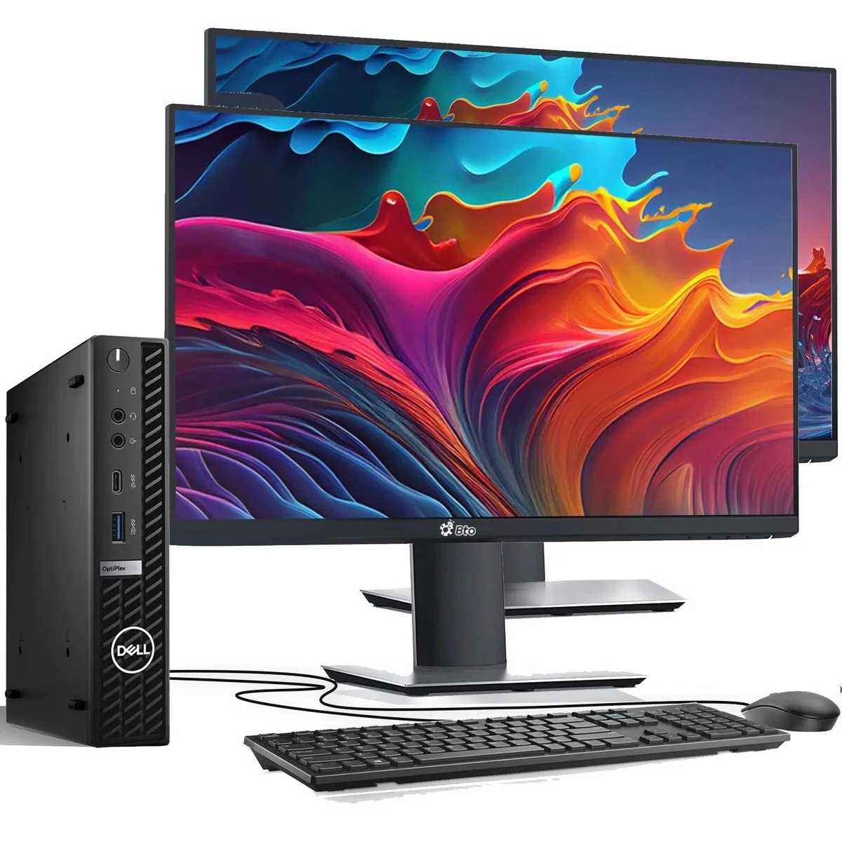 Black micro desktop with two 22-inch monitors, keyboard and mouse