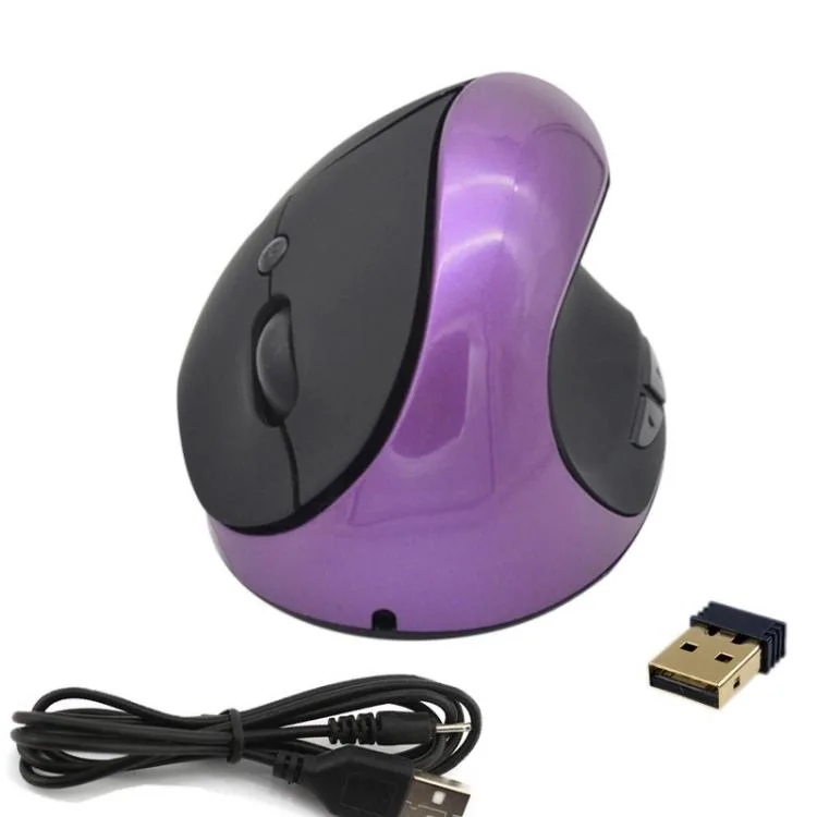 Purple vertical ergonomic gaming mouse with thumb groove and frosted buttons