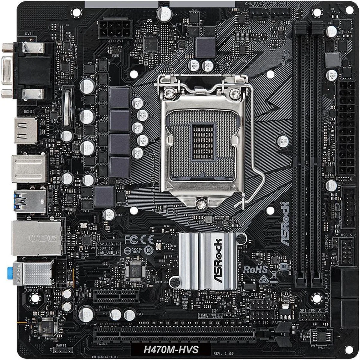 Micro-ATX motherboard with black PCB, silver heatsinks, LGA 1200 socket, two DDR4 slots, PCIe x16 and x1 slots, four SATA ports