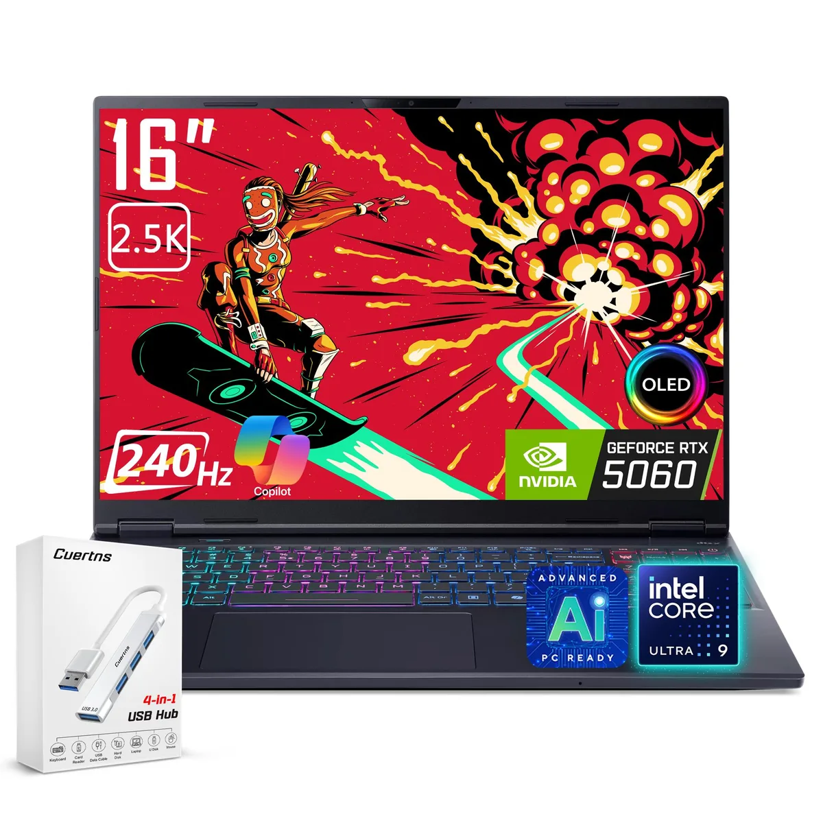 Black 16-inch gaming laptop with OLED screen and RGB keyboard