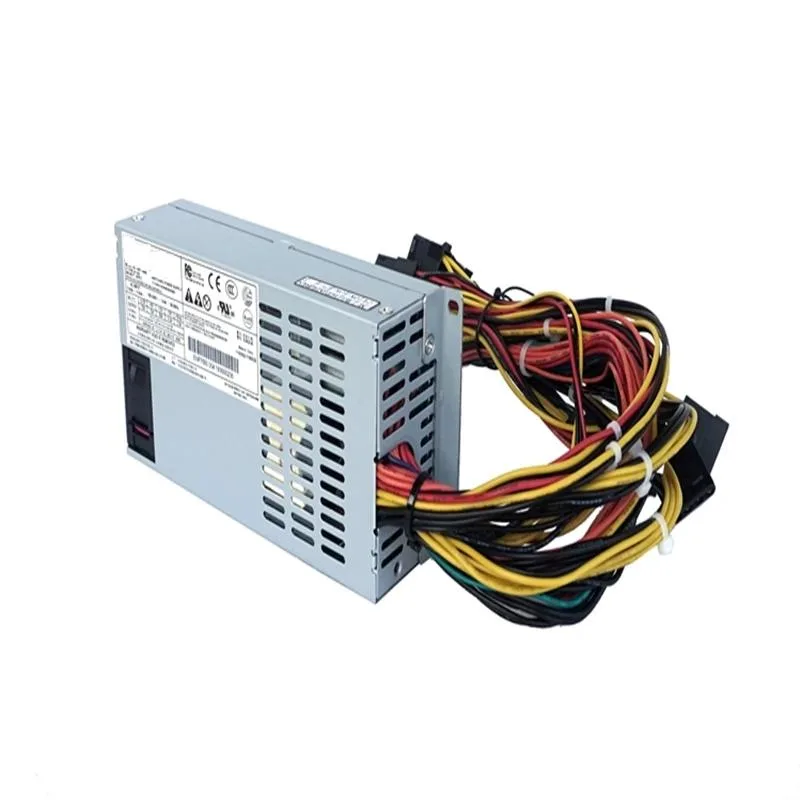 Rectangular ATX power supply unit with matte black metal casing and cooling fan grille