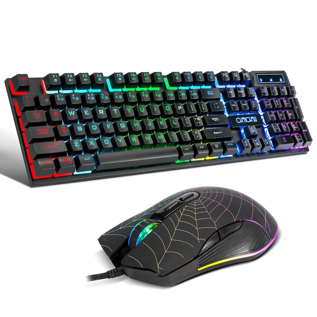 Black full-size mechanical keyboard with RGB backlighting and matching ambidextrous gaming mouse