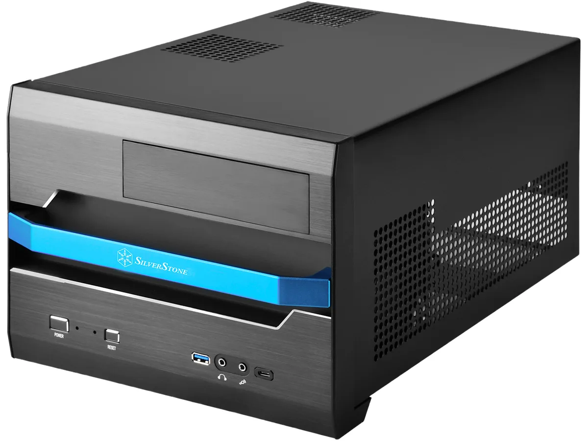 Black compact Micro ATX case with aluminium front panel and built-in carry handle