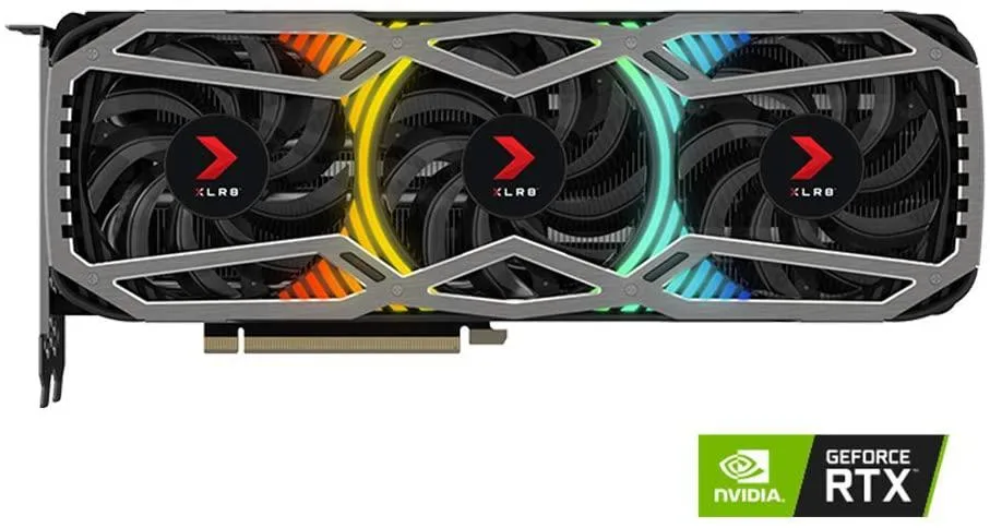 PNY GeForce RTX 3090 Revel Epic-X graphics card in triple-slot cooler with silver shroud and three fans
