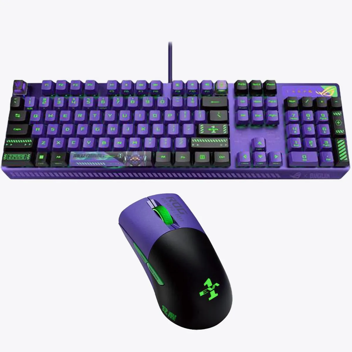 Purple wired mechanical keyboard with per-key RGB lighting and matching right-handed wireless mouse