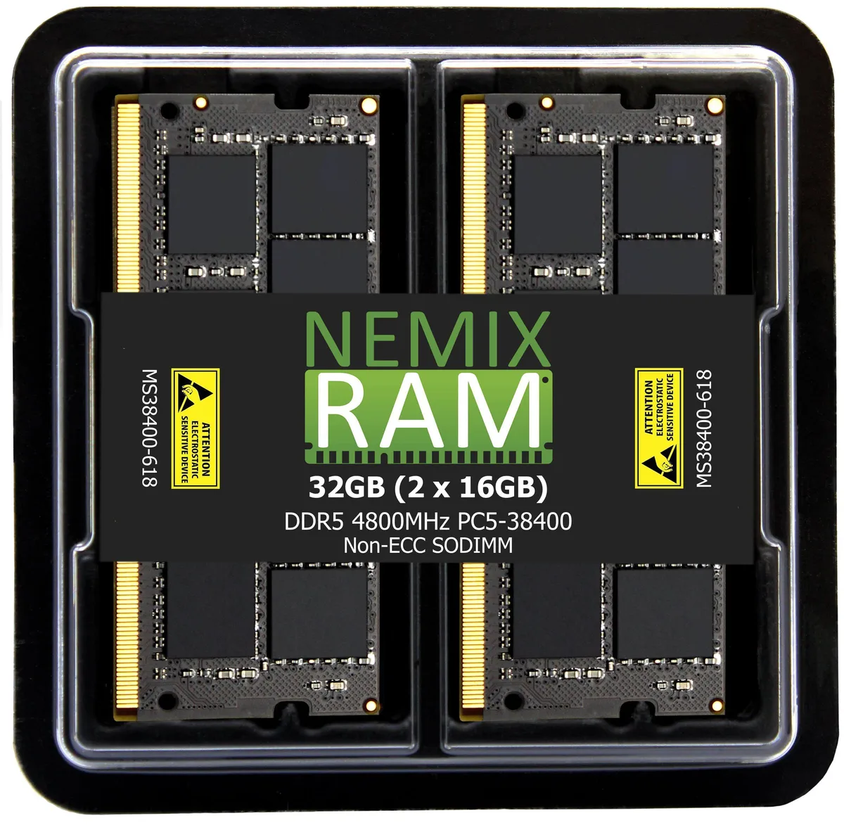 Two green DDR5 SODIMM modules side by side, no heat spreader, gold contacts visible