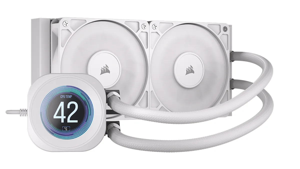 White all-in-one liquid cooler with 240 mm radiator, 2.1 inch IPS screen on pump block, white sleeved tubes, two 120 mm fans