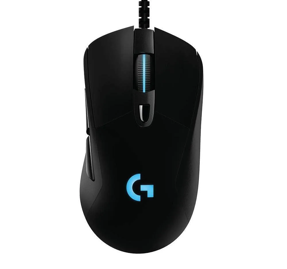 Black right-handed gaming mouse with rubber side grips, six buttons and a braided cable