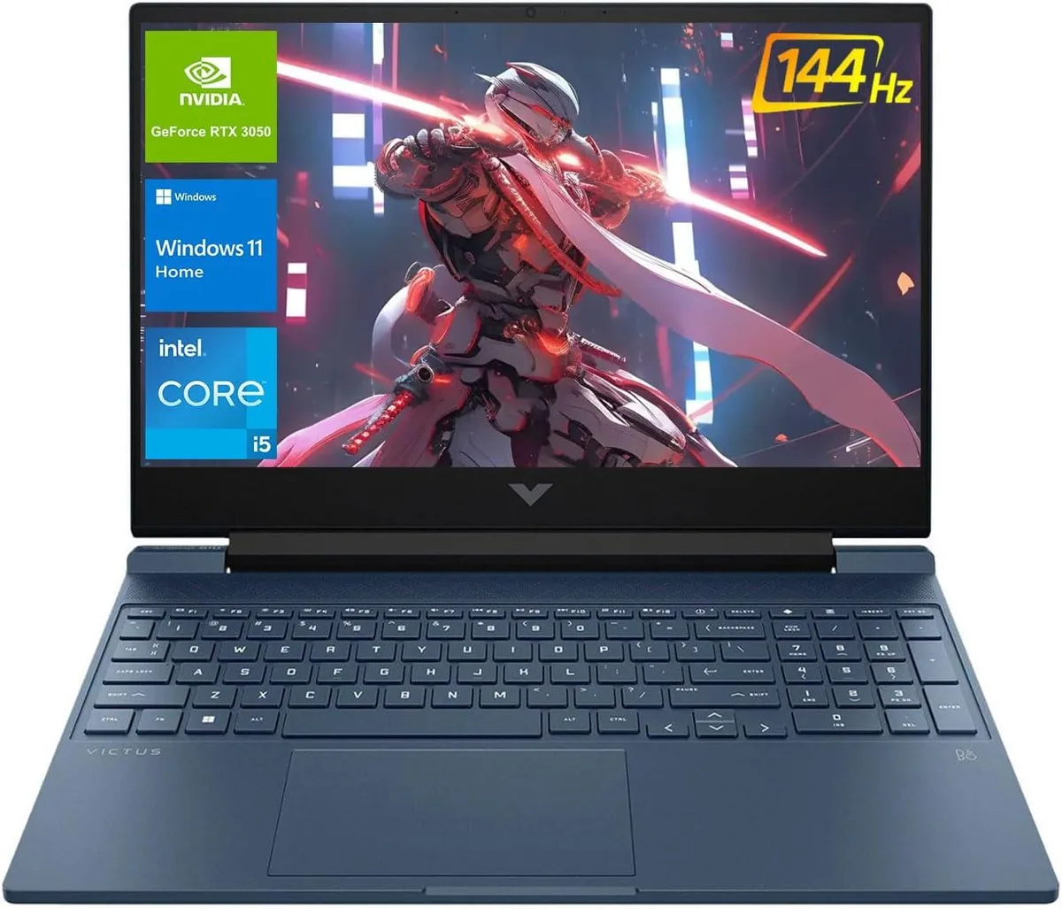 Blue 15.6-inch gaming laptop with matte finish and backlit keyboard