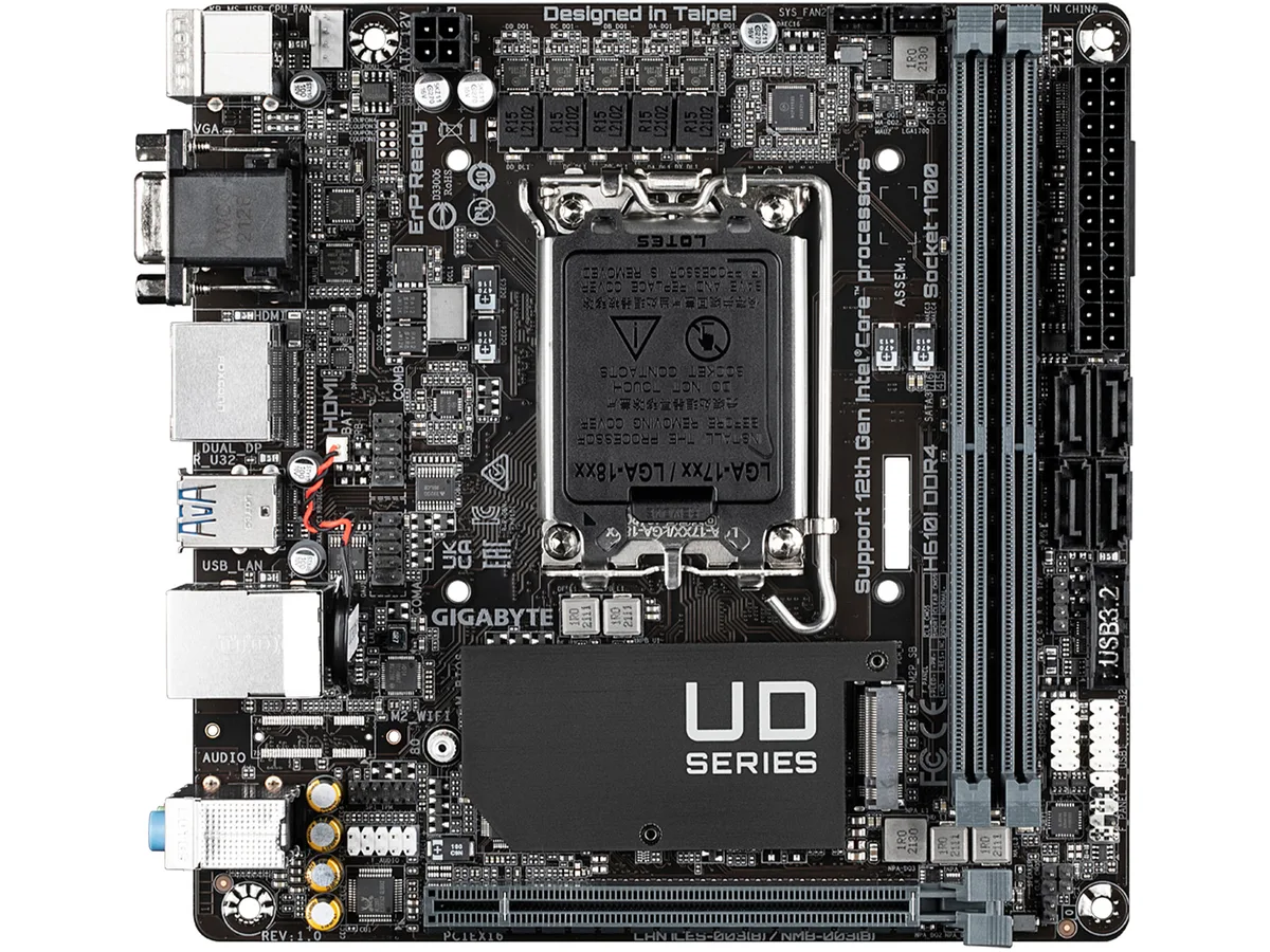 Gigabyte H610I DDR4 Mini-ITX motherboard, black PCB, silver heatsinks, LGA 1700 socket, two DDR4 slots, one PCIe x16 slot