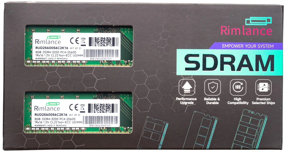 RIMLANCE RIMLANCE RUD25600S6C2K16 16GB (2x8GB) DDR4 3200 CL22 1.2V 288-pin desktop RAM — ürün fotoğrafı