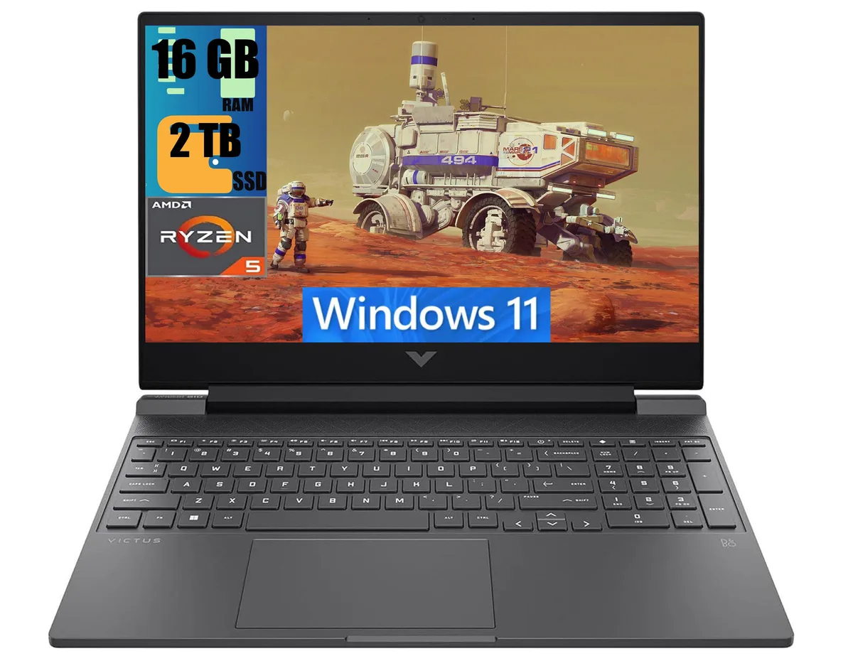 Black 15.6 inch gaming laptop with matte finish and backlit keyboard