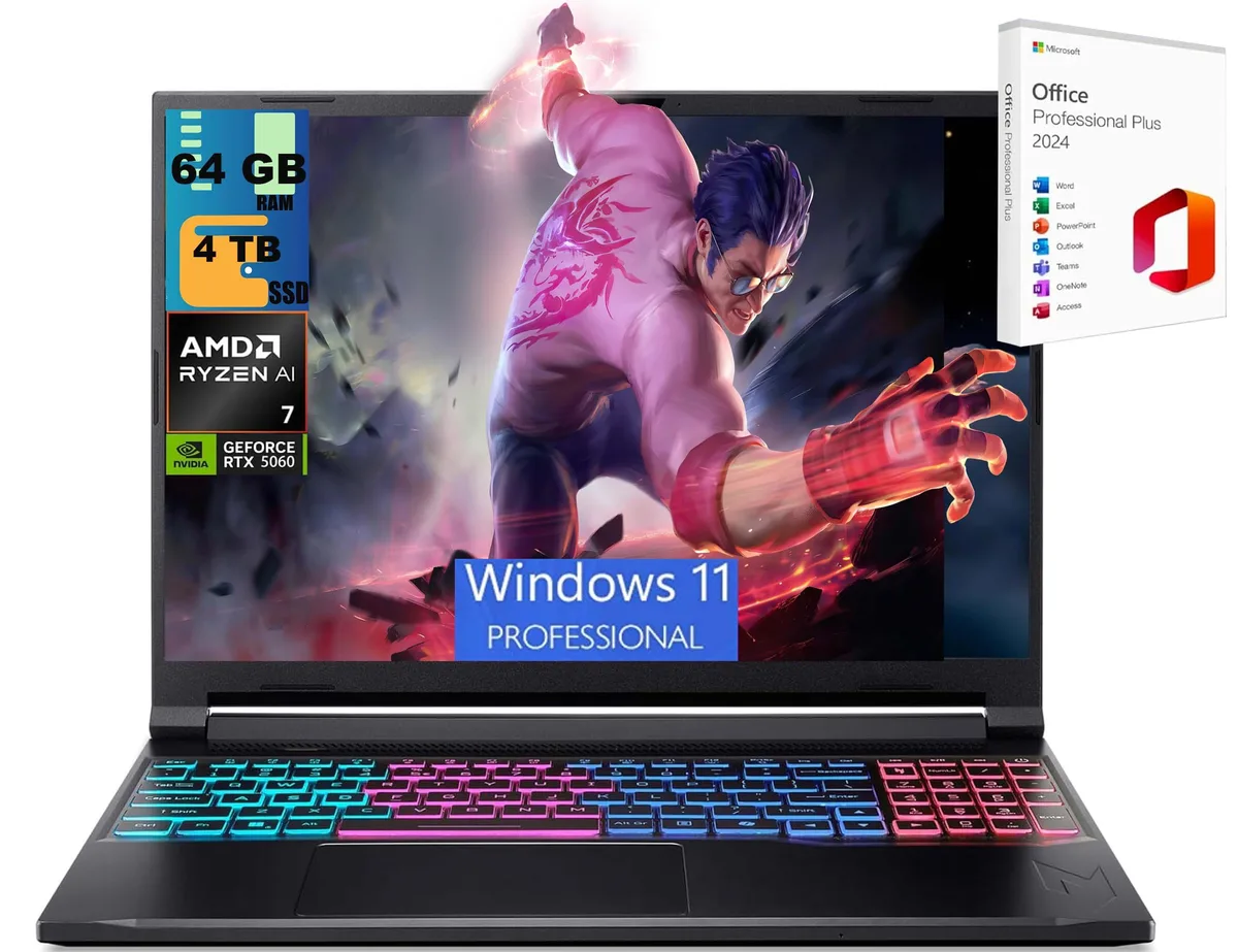 Black 16 inch gaming laptop with slim profile and RGB backlit keyboard