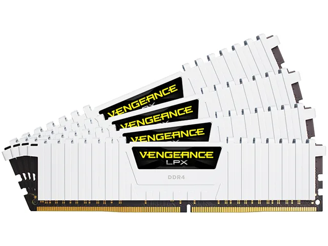 Four white low-profile DDR4 memory modules with aluminium heatspreaders
