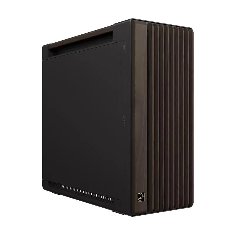 Mid-tower case in walnut brown with tempered glass side panel