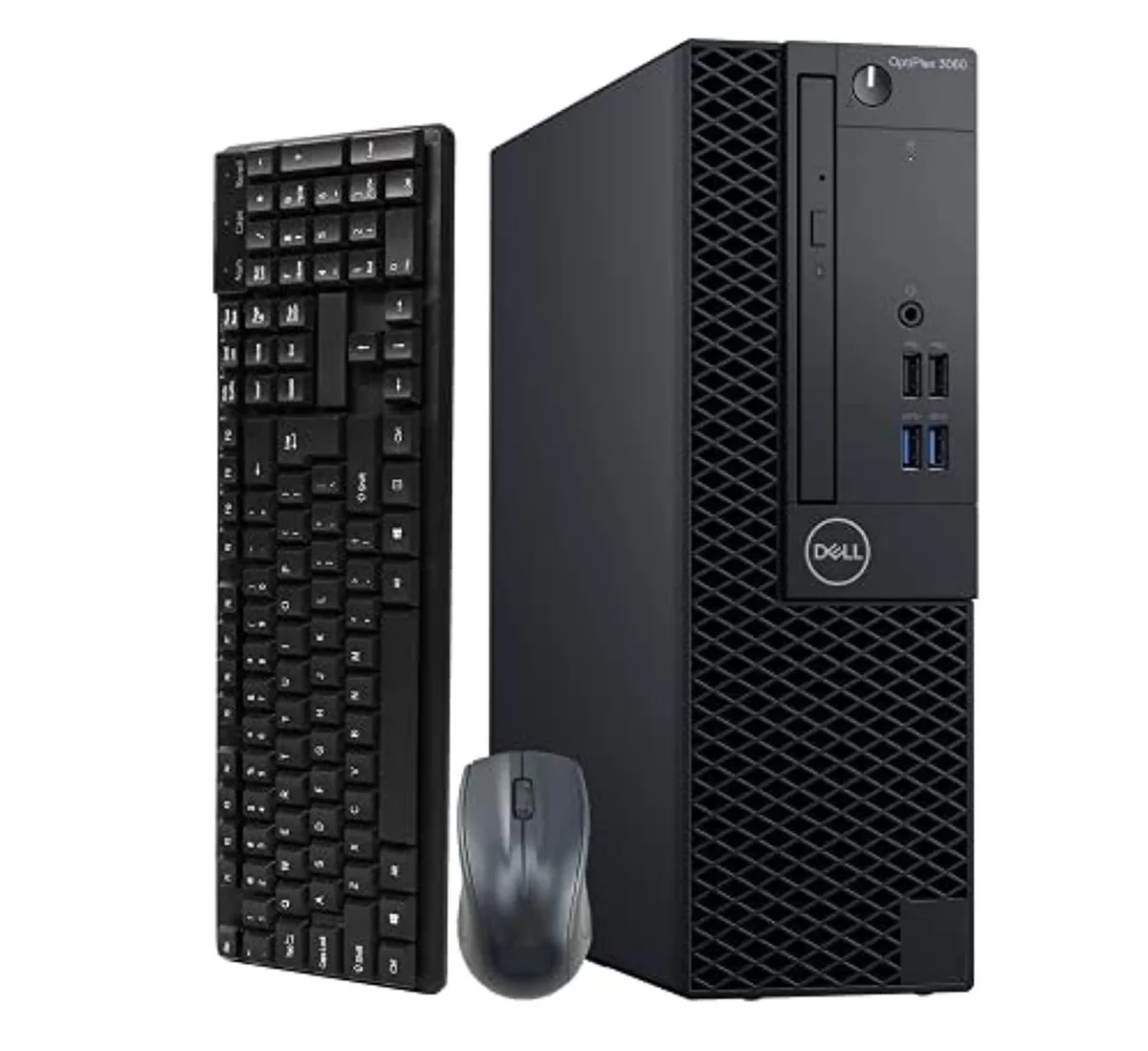 Small black desktop tower with wireless keyboard and mouse