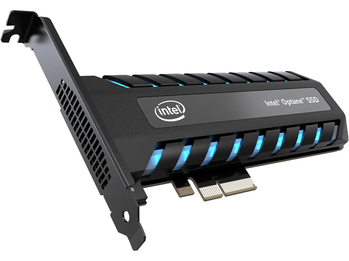 Black add-in card SSD with gold PCIe edge connector and silver heatsink cover
