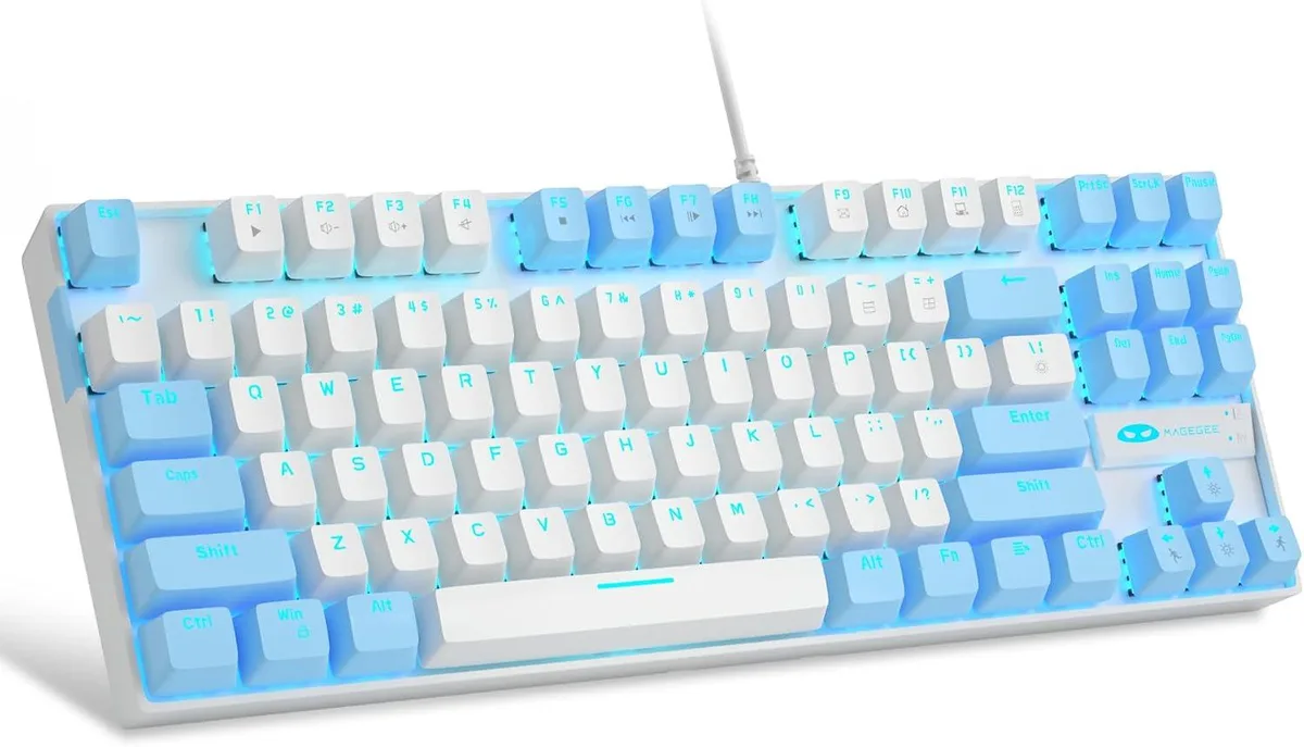 White and blue 75% mechanical keyboard with blue LED backlighting and purple accent keycaps