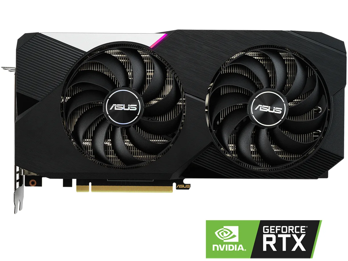 ASUS Dual GeForce RTX 3060 Ti graphics card, dual-fan cooler, silver shroud, 2.7-slot width